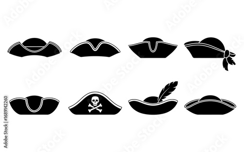 Pirate Hat Collection in Black and White Vector Illustration for Graphic Design and Themed Events