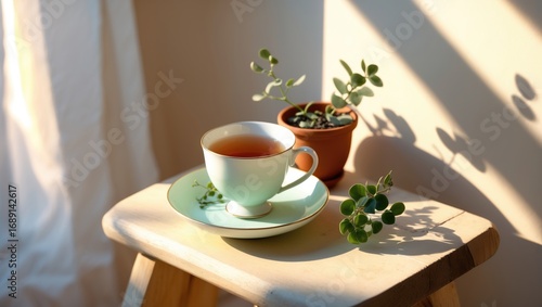 Wallpaper Mural A cup of tea on a small wooden table with a potted plant, illuminated by sunlight and casting shadows. Torontodigital.ca