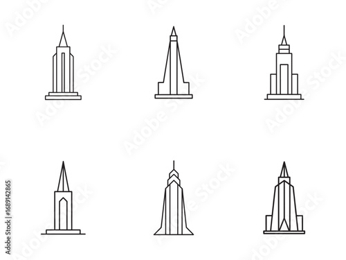 Set of minimalist line art illustrations of various city skyscrapers and buildings on a white background representing urban architecture