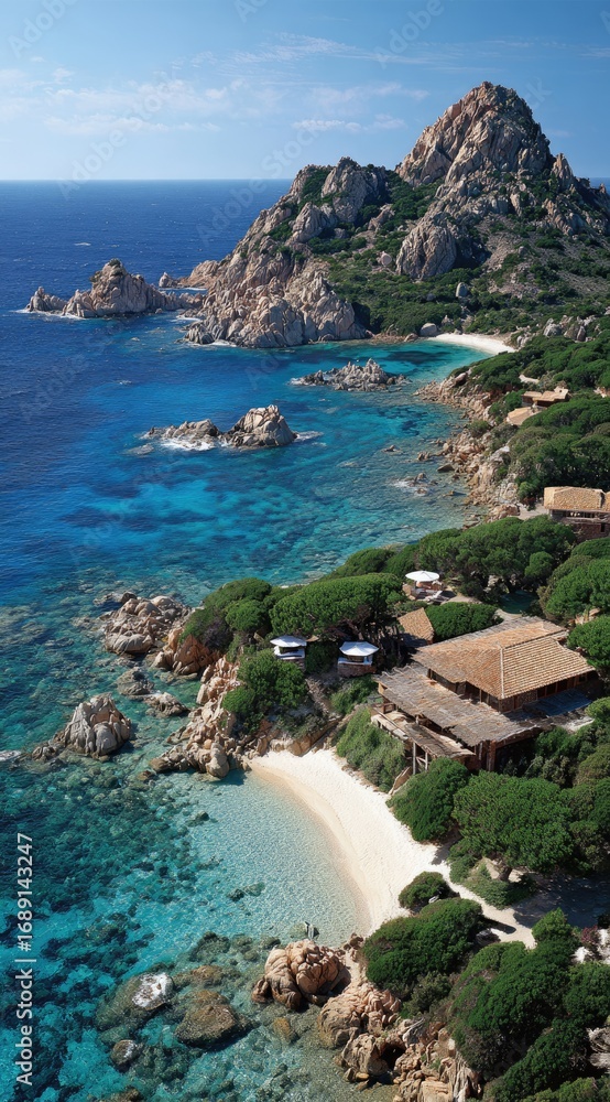 Fototapeta premium Azure waters meet a sandy beach, nestled amid verdant vegetation and rugged, rocky hills, offering a tranquil retreat under a clear blue sky