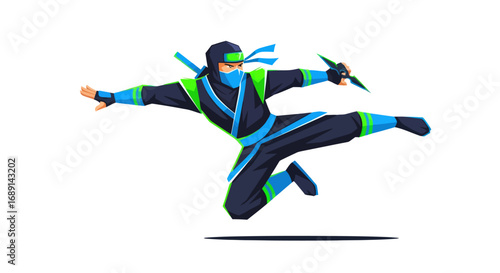Ninja in Mid-Air Kick with Throwing Knives.