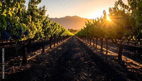 Vineyard Rows at Sunset with Mountain Backdrop and Sun Rays