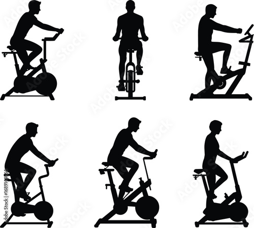 Fitness exercise bike silhouette vector illustration, indoor cycling workout design, gym training graphic, stationary bicycle activity, health and wellness sports concept
