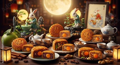 Celebrate the Mid-Autumn Festival with festive lanterns, delicious mooncakes, and adorable rabbit legends figurines under the full moon. A perfect visual for cultural events and celebrations.