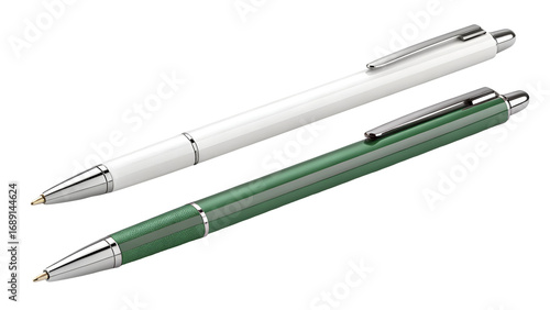 White green ballpoint pens with silver accents isolated on a transparent background writing