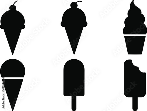 Ice cream silhouette icons, cone and popsicle vector set, frozen dessert symbols, black shapes for summer design, food illustration, sweet treat collection.eps
