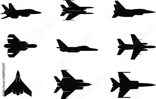 Military fighter jet silhouette set, aircraft aviation illustration, warplane vector collection, combat air force design, modern airplane shapes for defense and aviation graphics