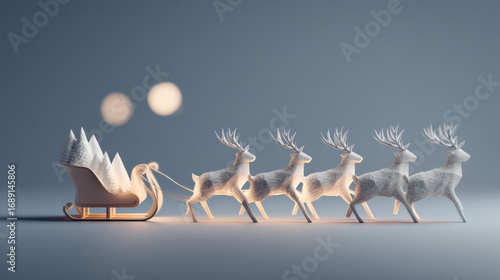 Festive scene with sleigh and reindeer in snowy landscape, evoking magical winter atmosphere