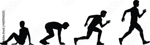 Running evolution silhouette illustration, man starting position to sprint, athlete training stages, fitness progression, sports performance concept, black vector design for health motivation