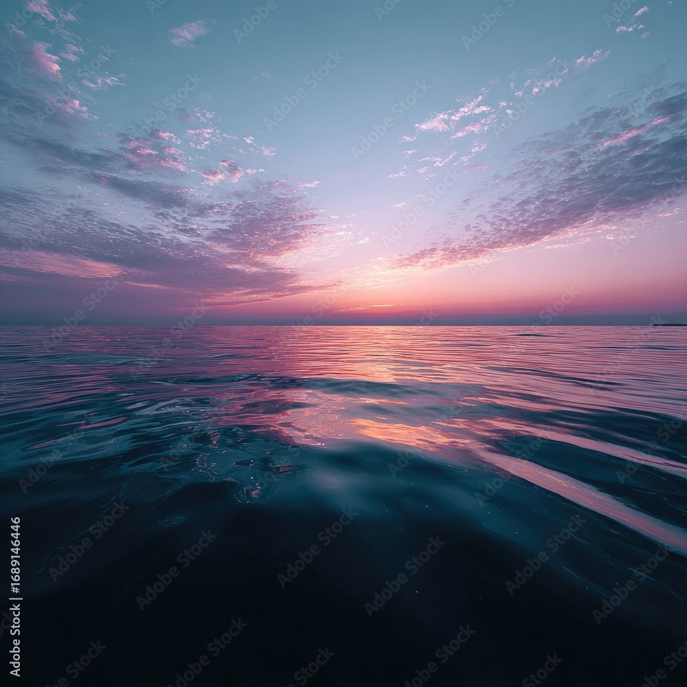 Obraz premium Calm ocean waters ripple under a vibrant sunset, where pink clouds meet the horizon in a serene, breathtaking vista of color and tranquility