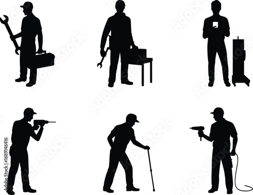 Silhouette construction worker, repairman with tools, handyman using drill, mechanic holding wrench, 
