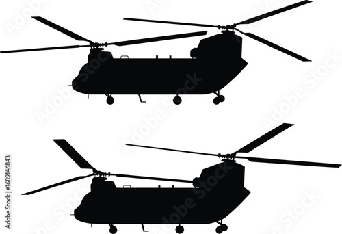 Silhouette military helicopter, Chinook transport aircraft, aviation vehicle with dual rotors, army cargo helicopter vector illustration for defense, war, transportation, aviation, logistics design