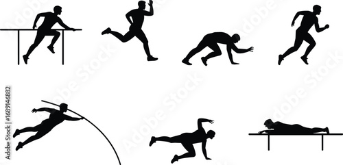 Athletics silhouettes vector set, track and field sports illustration, running and jumping icons, pole vault, hurdles, sprinting, fitness training, competition athlete design
