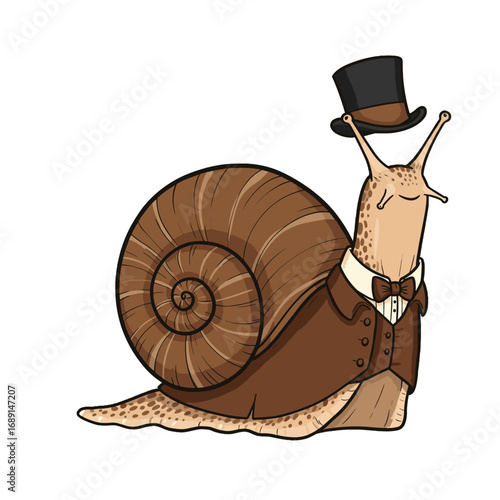 Snail dressed in Victorian clothing with a top hat and bow tie  