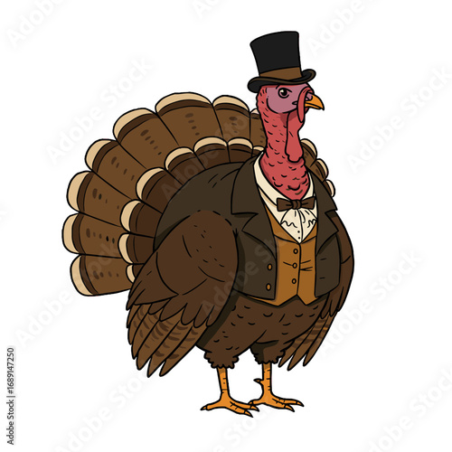 Cartoon turkey in Victorian clothing wearing a top hat and suit  