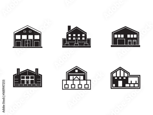 Set of Six Different House Icons Black Silhouette Design Vector Illustration Various Architectural Styles for Real Estate or Construction