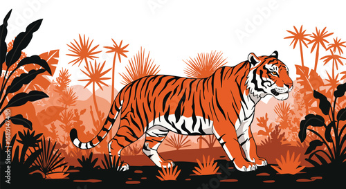 Majestic Tiger Strolling Through Lush Orange Jungle Illustration