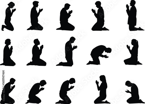 Silhouette of people praying on knees, spiritual meditation, religious devotion, worship vector design, man and woman prayer poses illustration for faith and hope