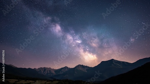 Night sky milky way stars over mountain range wallpaper background image for desktop and mobile phone 4k.
