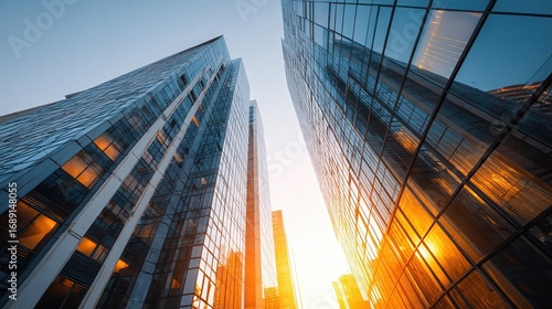 Reflections of modern commercial buildings on glasses with sun light.