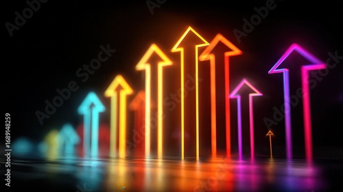 Wallpaper Mural Vibrant, multicolored neon arrows ascend in a dynamic, upward trajectory against a dark background, suggesting growth and progress. The arrows are reflected on a glossy surface. Torontodigital.ca