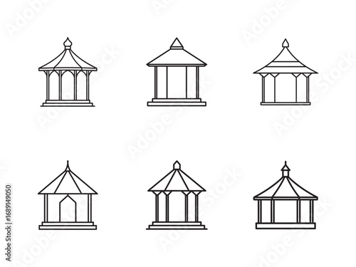 Set of Six Minimalist Gazebo Icon Illustrations in Black and White for Architectural Design Concepts