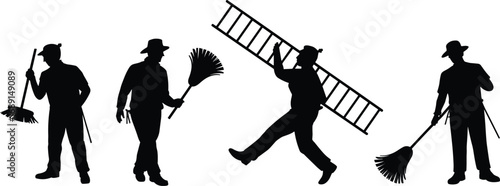 Silhouette workers cleaning with broom, sweeping floor, holding ladder, janitor team illustration for maintenance, sanitation, labor, construction, household, vector design, black figures