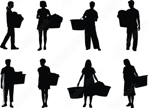 Silhouettes of people carrying laundry baskets, vector illustration of men and women with household chores, daily routine, black family lifestyle design