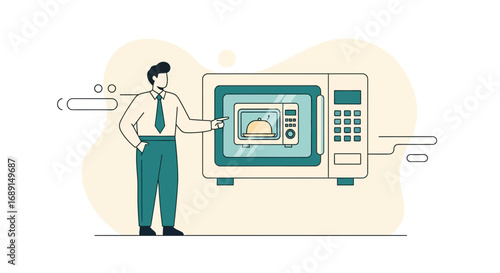 A modern microwave presentation, featuring a stylized man and kitchen appliances, highlighting