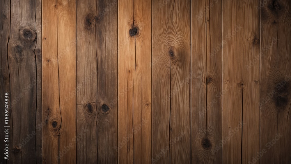 Naklejka premium Wooden wall panels with natural grain and knots, creating a rustic and warm ambiance.