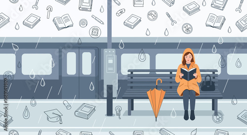 A rainy day commute: woman reading a book on a subway platform during a downpour creating a
