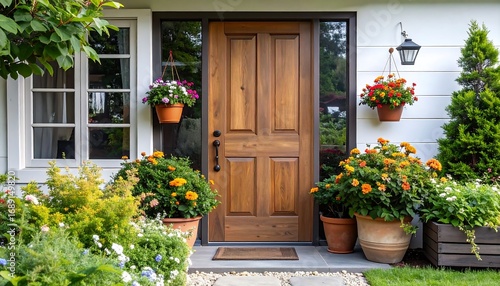 Front door of a home with colorful flowers