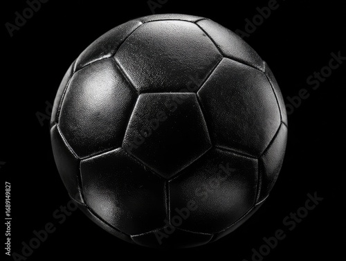 A classic black soccer ball, seemingly leather, is shown against a pure black background, highlighting its textured surface and pentagonal panels