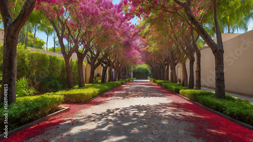 Colorful photograph depicting a picturesque street lined with jacaranda trees in full bloom