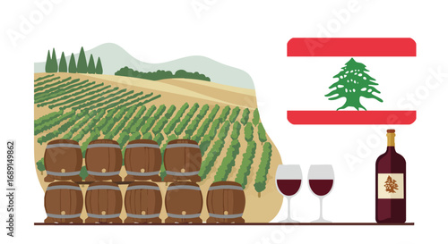 Lebanese Wine Country Vineyards Wine Barrels and Lebanese Flag