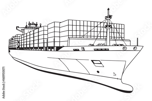 Cargo ship isolated on white background a detailed line drawing of a container vessel, highlighting global trade and maritime transport on a clean backdrop