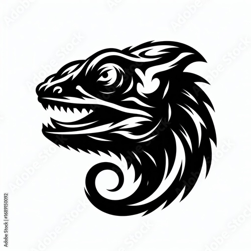 Wallpaper Mural Stylized black and white chameleon head with open mouth and swirling tail detail Torontodigital.ca