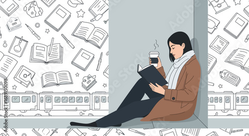 A woman enjoys reading with a coffee while waiting for the train showcasing literary appreciation