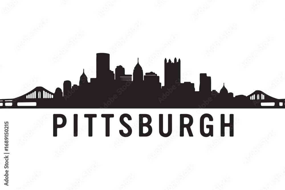 Obraz premium Pittsburgh skyline silhouette isolated on white background, showcasing the citys bridges and iconic buildings in a bold and striking design