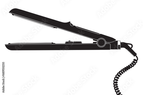 Sleek black hair straightener isolated on white background, a modern styling tool for achieving smooth, straight hair with its heated plates and ergonomic design