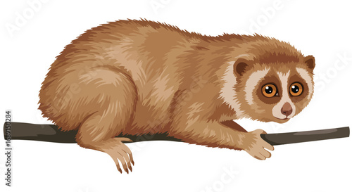 Cute Cartoon Slow Loris Primate on Branch Vector Illustration
