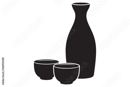 Elegant sake set isolated on white background featuring a tokkuri bottle and two ochoko cups, evoking japanese culture and tradition with minimalist design