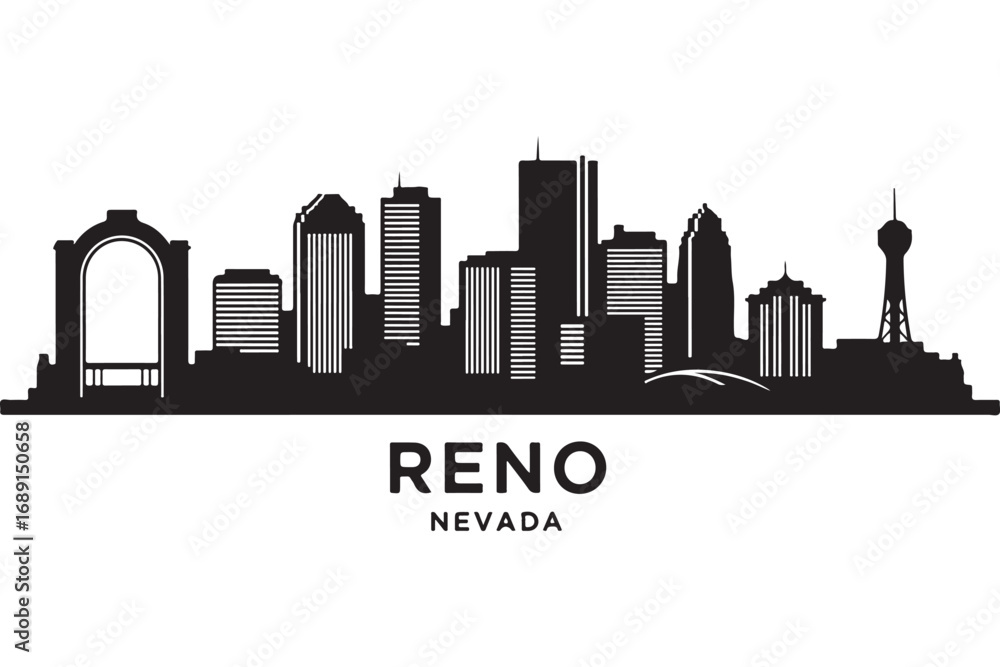 Obraz premium Reno silhouette isolated on white background showcasing the citys skyline, a vibrant urban center in nevada, known for its casinos and entertainment