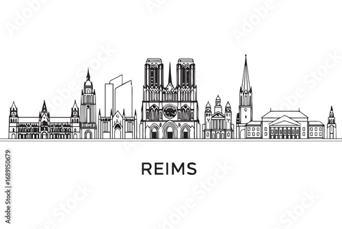 Reims skyline silhouette isolated on white background, showcasing the historical architecture and iconic landmarks of the city in the grand est region, france