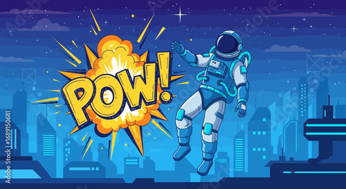 Astronaut in futuristic city with comic book style explosion emphasizing adventure