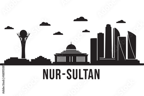 Nursultan skyline silhouette isolated on white background, showcasing iconic buildings, perfect for travel blogs, city guides, and cultural promotions