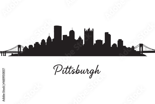 Pittsburgh skyline silhouette isolated on white background, showcasing the citys iconic buildings and bridges against a clear backdrop in a simple design