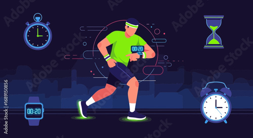 Athlete monitoring performance with smartwatch during running in night city illustration