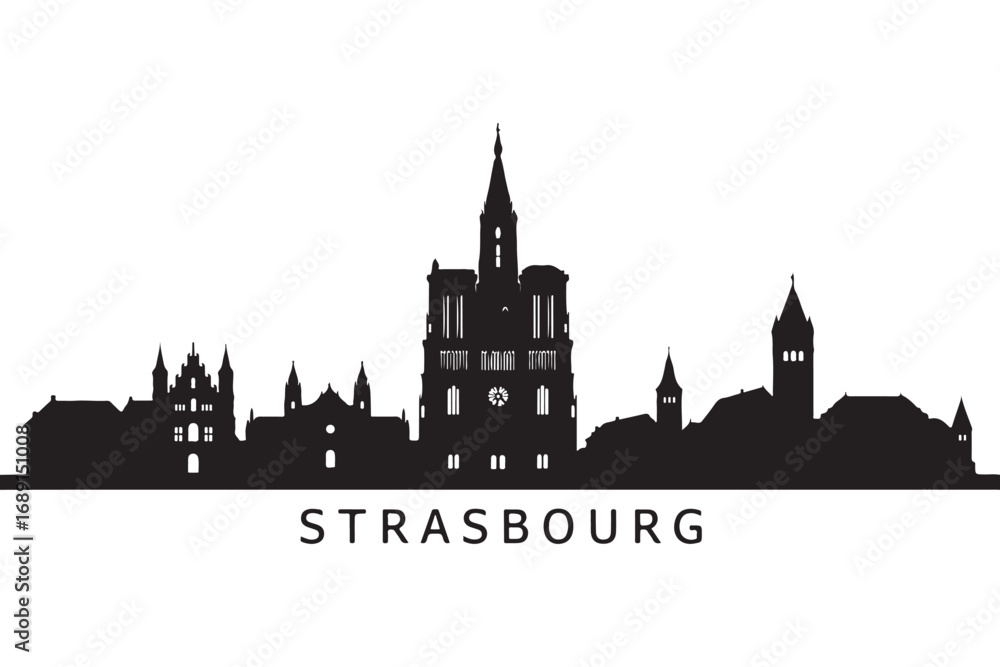 Fototapeta premium Elegant black and white skyline of strasbourg, france isolated on white background, showcasing its historic architecture and cultural heritage