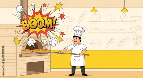 Baker pulling bread from oven with a boom cartoon effect at bakery shop illustration